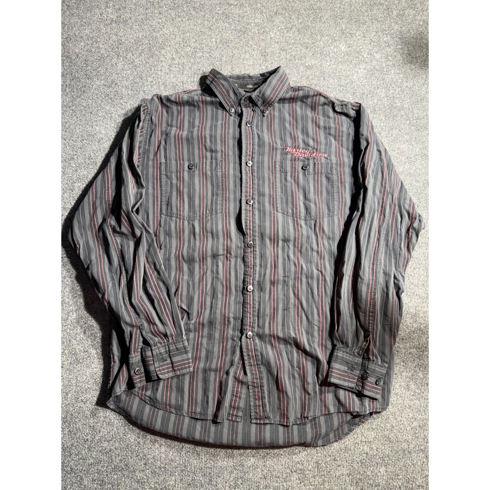 Harley-Davidson Mens Large Tall Striped Button Down Shirt Grey‎ Red 96302-06VT